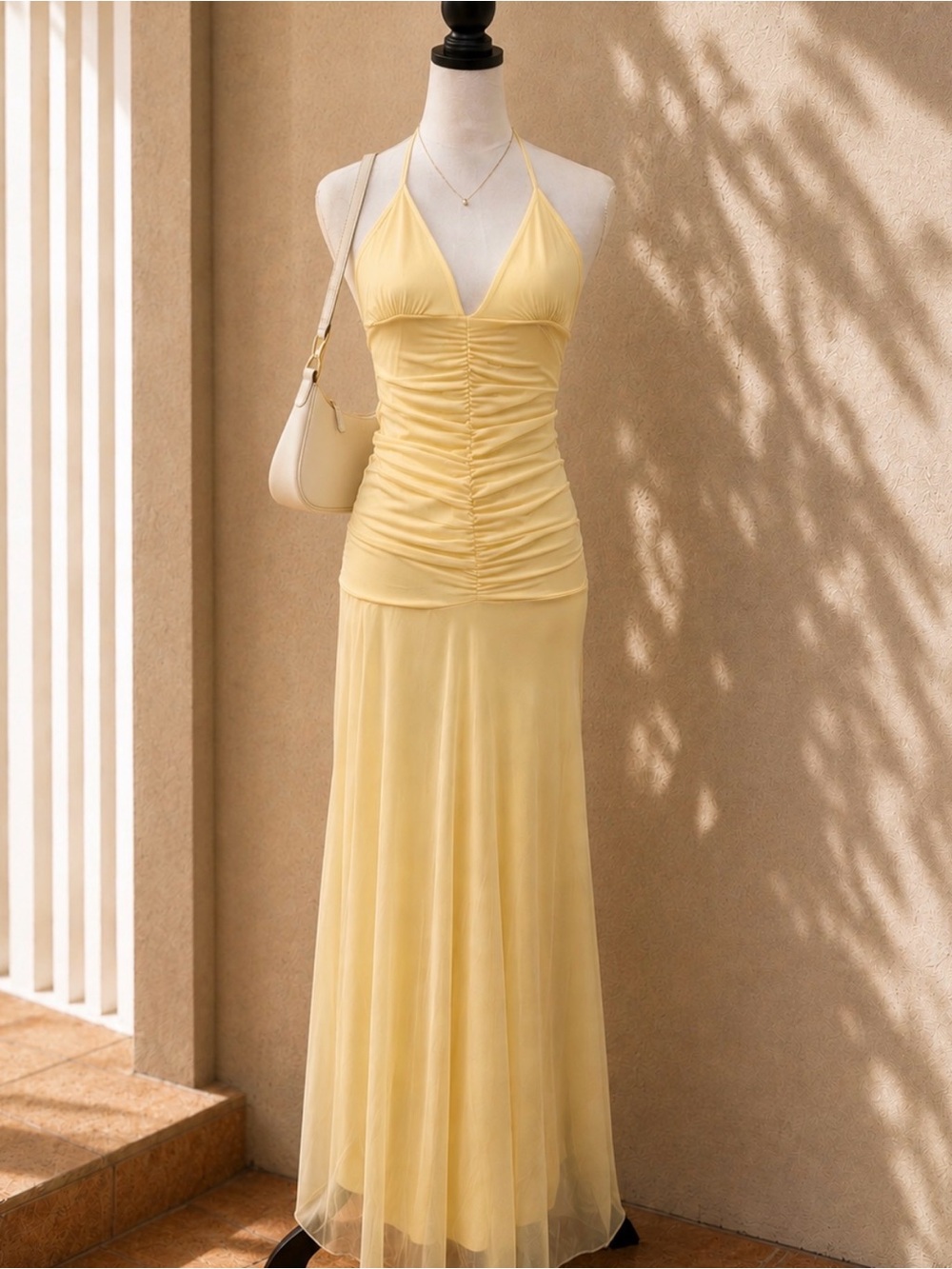 PrettyLittleThing Butter Yellow Ruched Halter Maxi Dress NWT | US 4